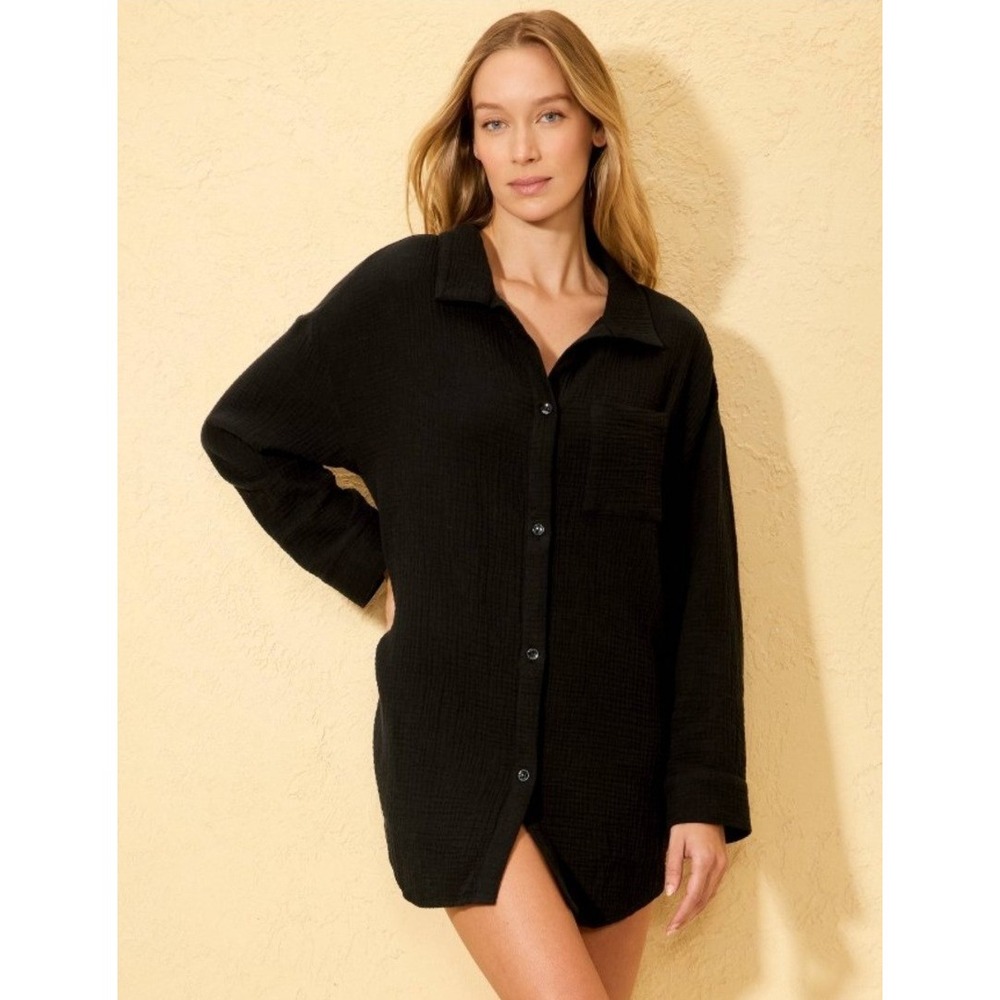 Shade & Shore Gauze Swim Cover Up Shirtdress Size M Black Beach Resort Vaca NWOT